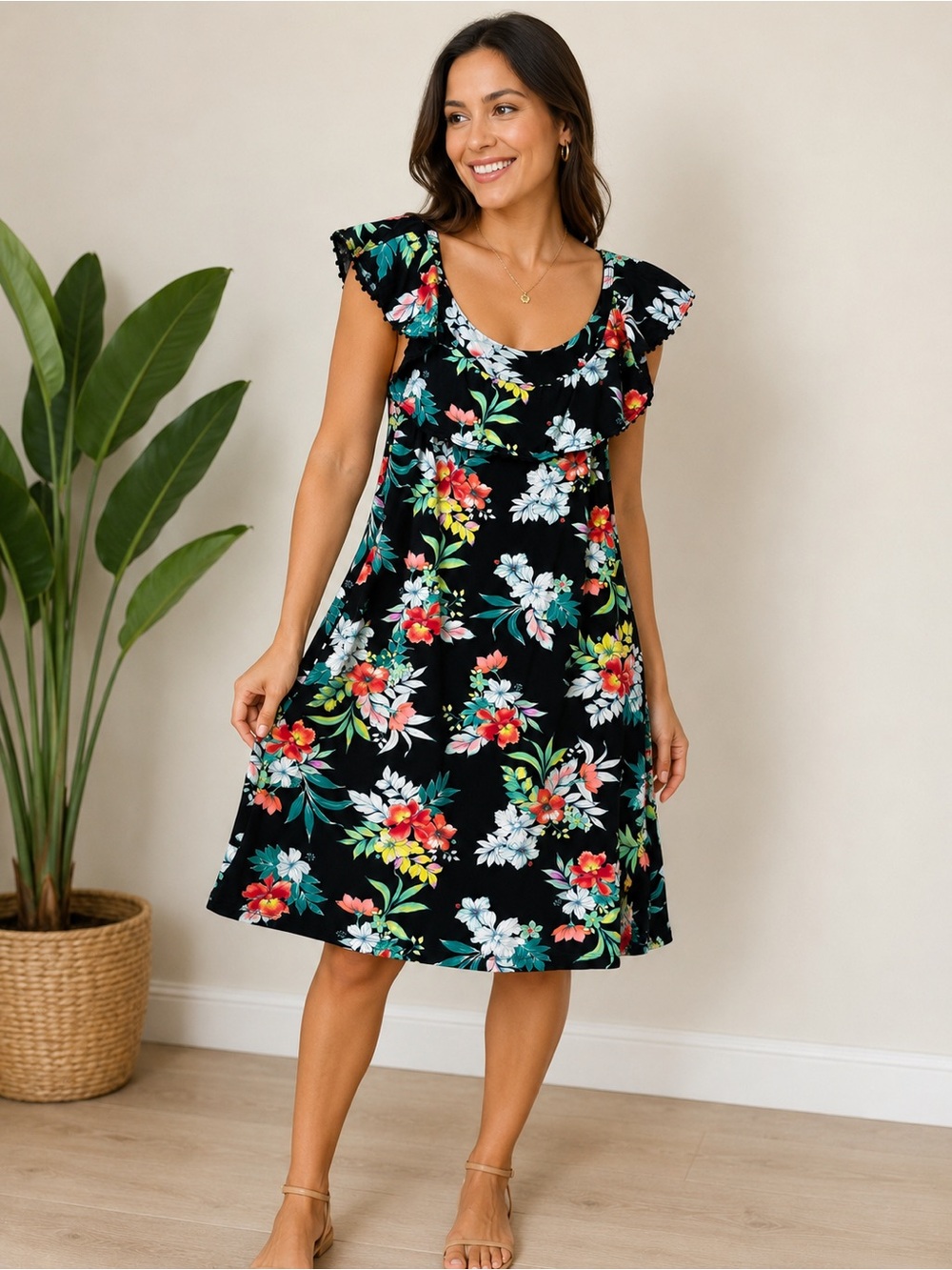 Tommy Bahama Women’s Small Black Tropical Floral Ruffle A-Line Dress